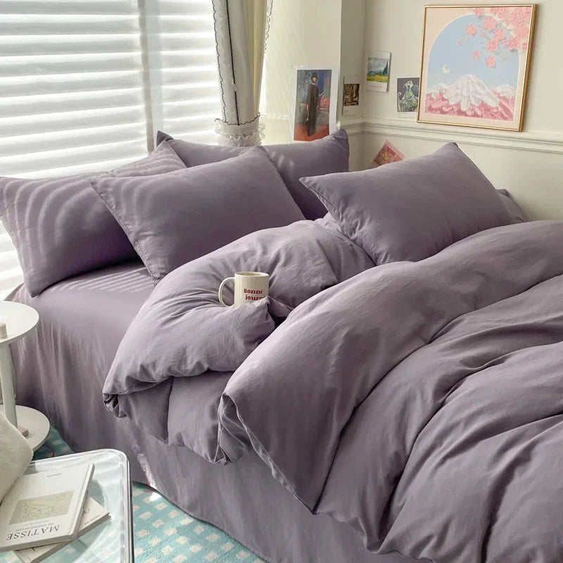 Cotton Bed Linen Solid Bedding Set with Sheet Duvet Cover Pillowcases Single Couple Bedsheet King Queen Double Twin Size