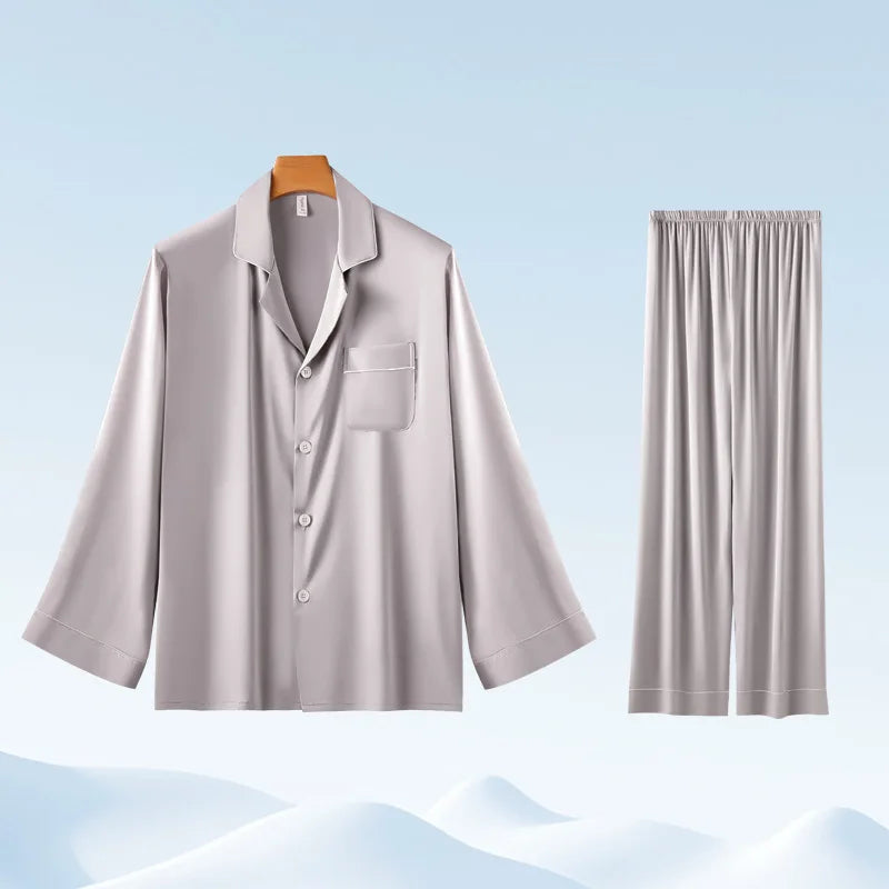 Chic CLassic Ice Silk Pajamas Suit Men Summer New Satin Long-sleeved Trousers Suit Casual Loungewear Male Homewear Gents
