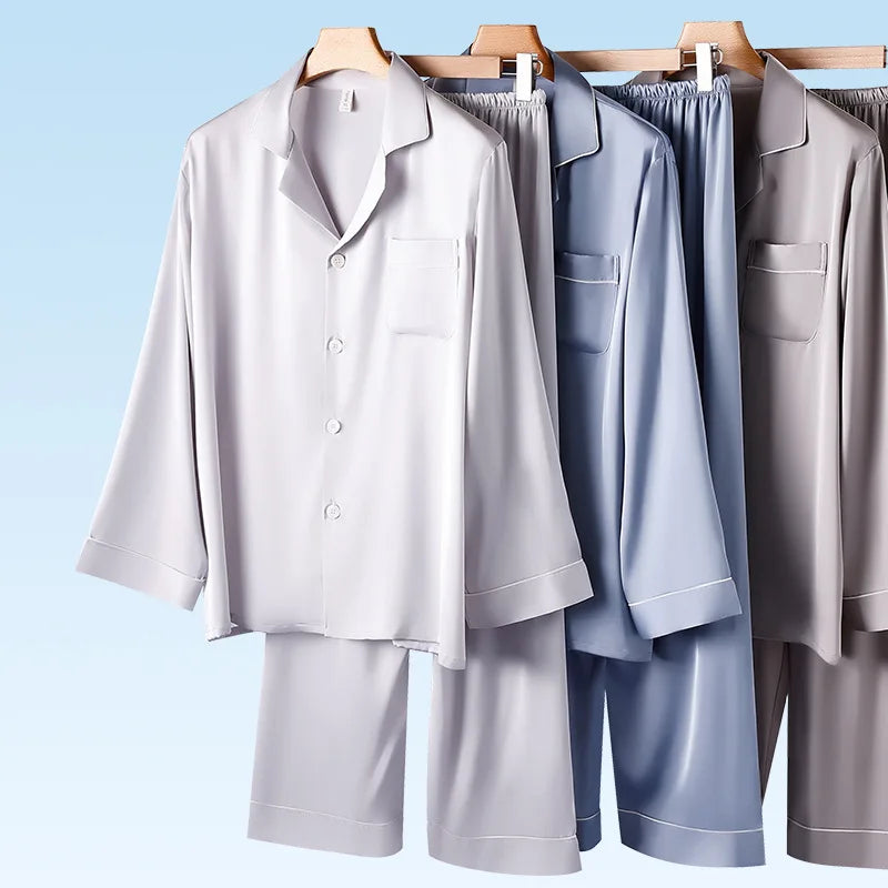 Chic CLassic Ice Silk Pajamas Suit Men Summer New Satin Long-sleeved Trousers Suit Casual Loungewear Male Homewear Gents