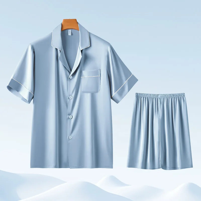 Chic CLassic Ice Silk Pajamas Suit Men Summer New Satin Long-sleeved Trousers Suit Casual Loungewear Male Homewear Gents