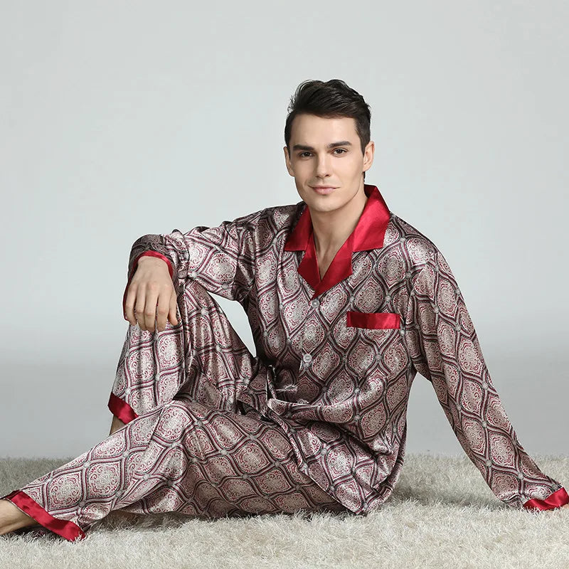 Men's Pyjamas Spring Soft Cozy Long Sleeve Sleepwear Set Thin Ice Silk Satin Nightwear Suit Male Top Pants Home Clothing Pajamas