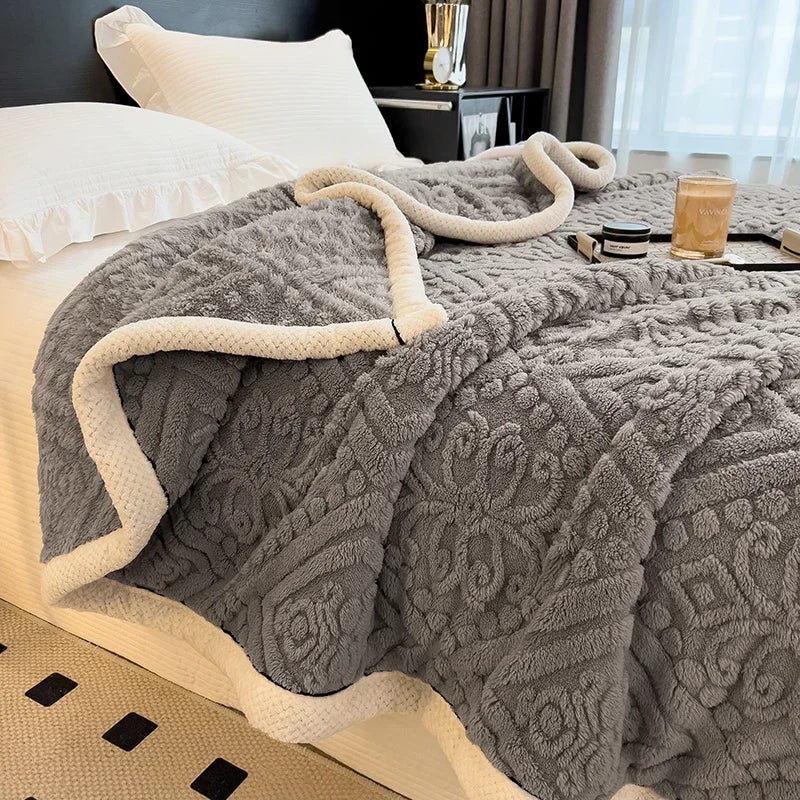 Furry Plush Warm Winter Blanket A Grade Carved Velvet Coral Fleece Flannel Soft Thick Bedspread for Bed Sofa Single Double Size