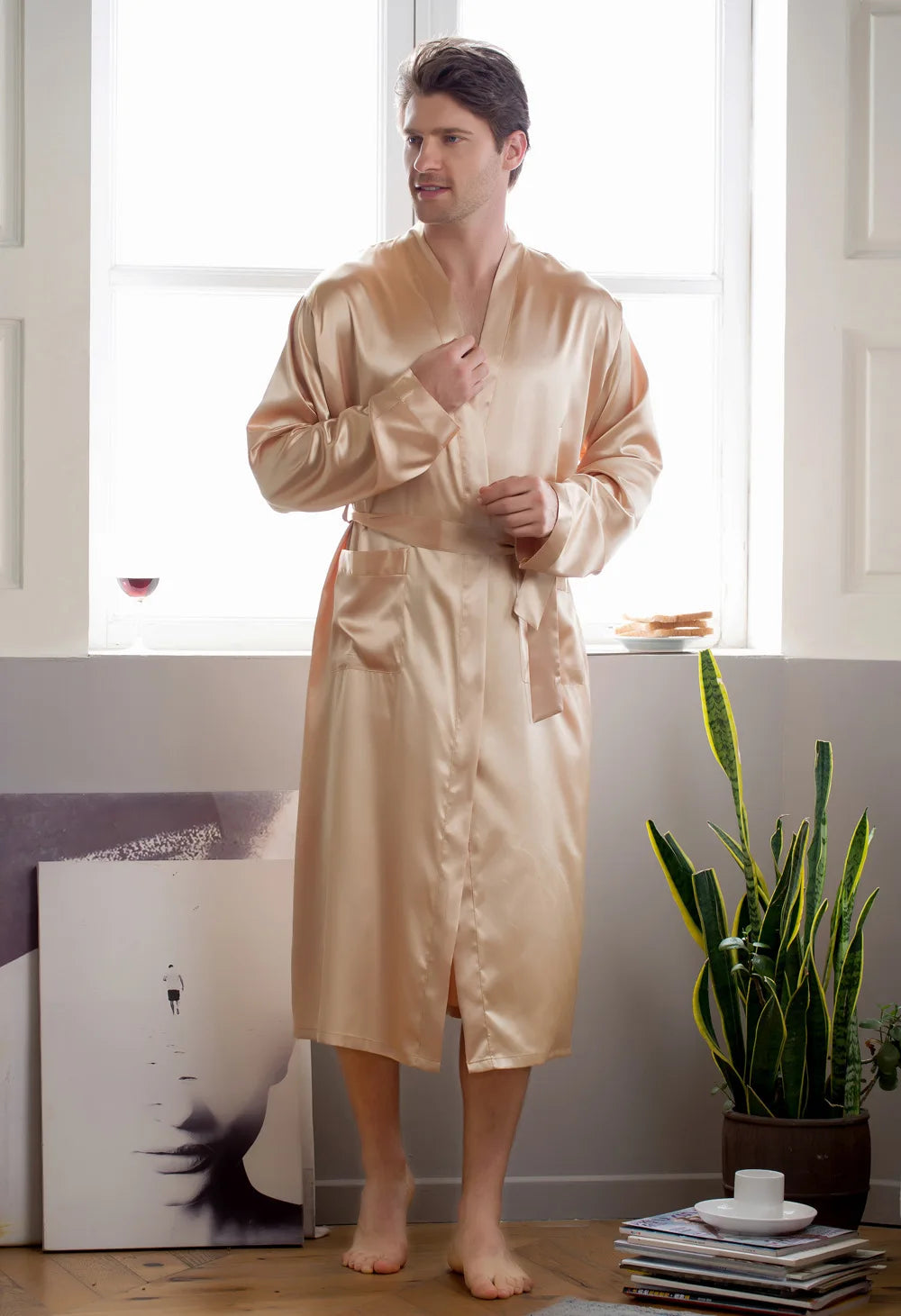 Summer New Men's Ice Silk Bathrobe Robe Men's Pop-Up Section of the Long Section of Cardigan Robe Pajamas Pajamas Home Clothing