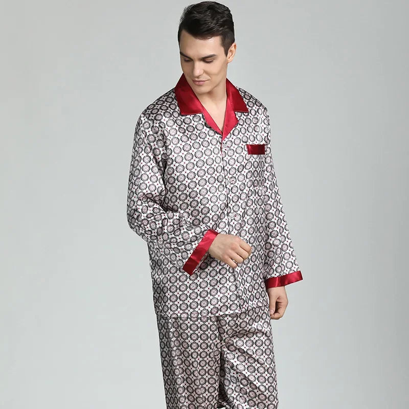 Men's Pyjamas Spring Soft Cozy Long Sleeve Sleepwear Set Thin Ice Silk Satin Nightwear Suit Male Top Pants Home Clothing Pajamas
