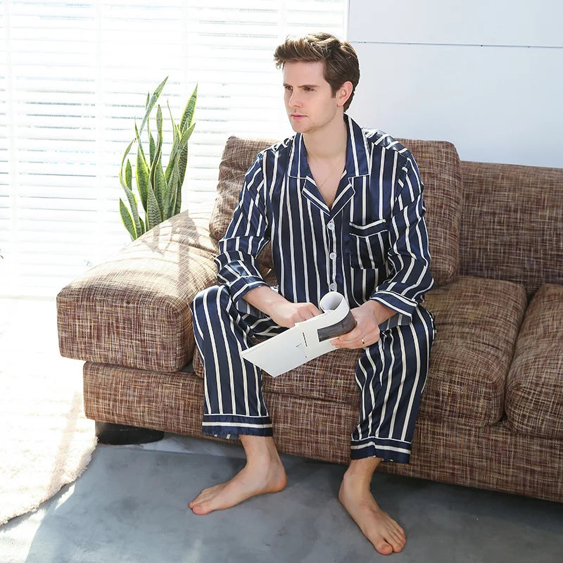 Men's Pyjamas Spring Soft Cozy Long Sleeve Sleepwear Set Thin Ice Silk Satin Nightwear Suit Male Top Pants Home Clothing Pajamas
