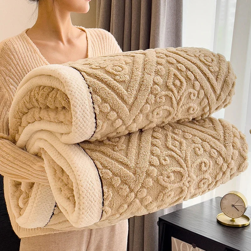 Furry Plush Warm Winter Blanket A Grade Carved Velvet Coral Fleece Flannel Soft Thick Bedspread for Bed Sofa Single Double Size