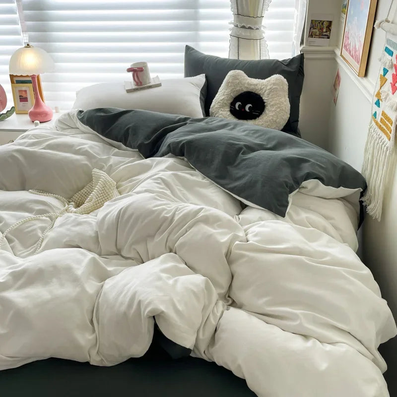 Cotton Bed Linen Solid Bedding Set with Sheet Duvet Cover Pillowcases Single Couple Bedsheet King Queen Double Twin Size
