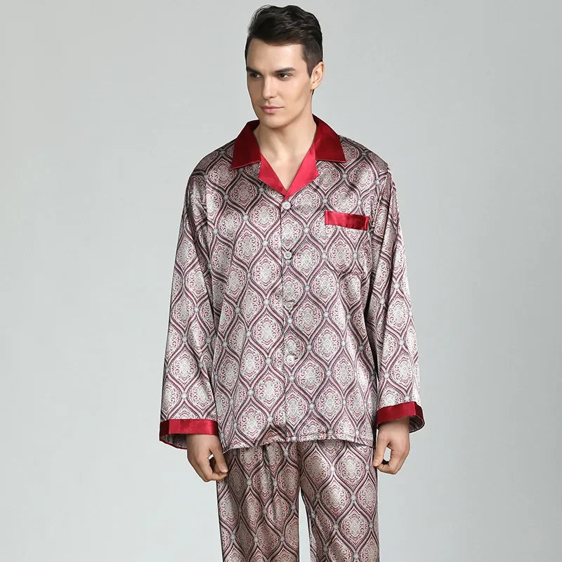 Men's Pyjamas Spring Soft Cozy Long Sleeve Sleepwear Set Thin Ice Silk Satin Nightwear Suit Male Top Pants Home Clothing Pajamas