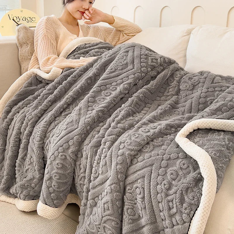 Furry Plush Warm Winter Blanket A Grade Carved Velvet Coral Fleece Flannel Soft Thick Bedspread for Bed Sofa Single Double Size