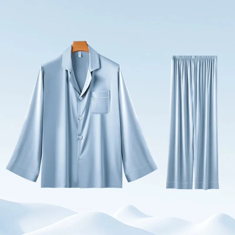 Chic CLassic Ice Silk Pajamas Suit Men Summer New Satin Long-sleeved Trousers Suit Casual Loungewear Male Homewear Gents