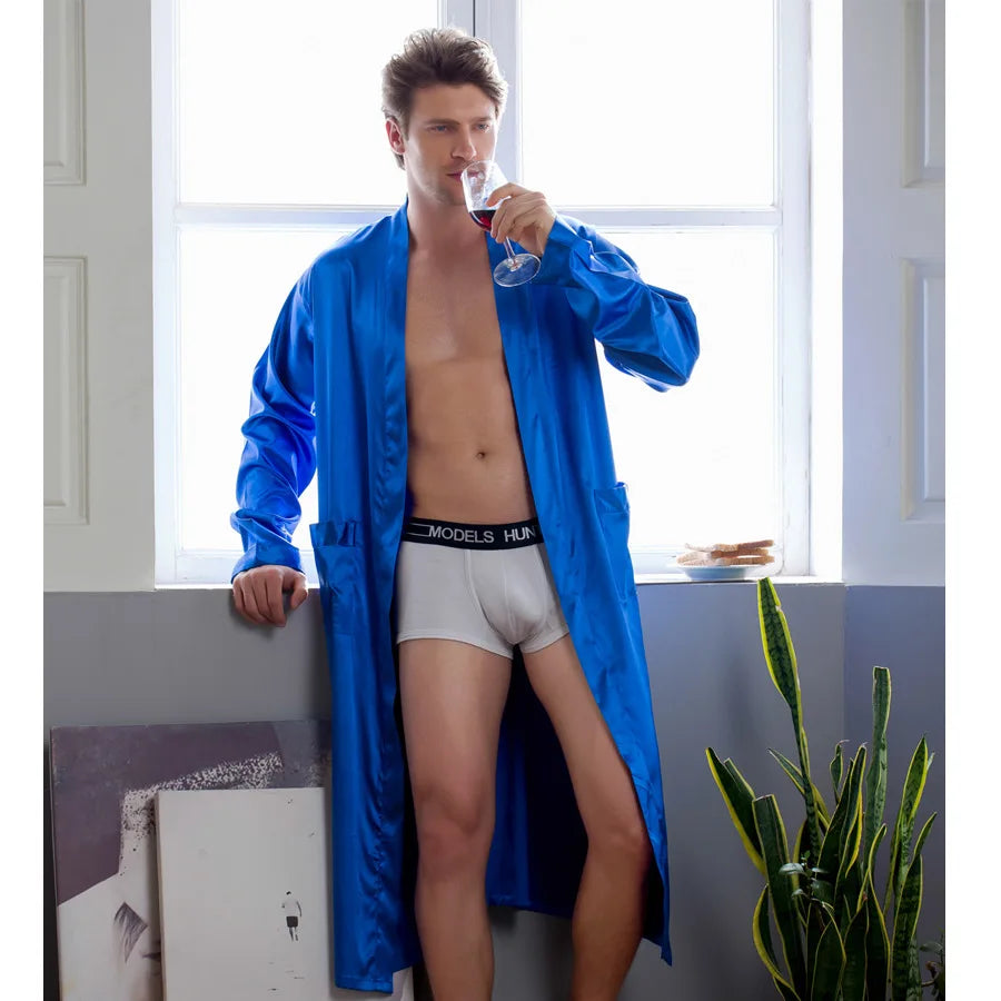 Summer New Men's Ice Silk Bathrobe Robe Men's Pop-Up Section of the Long Section of Cardigan Robe Pajamas Pajamas Home Clothing
