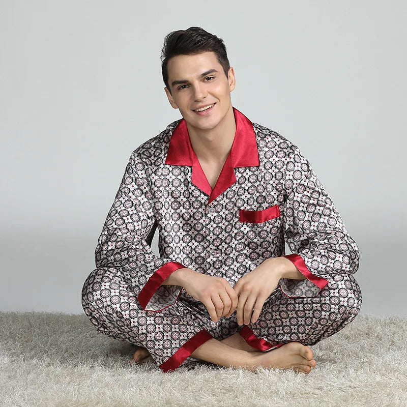 Men's Pyjamas Spring Soft Cozy Long Sleeve Sleepwear Set Thin Ice Silk Satin Nightwear Suit Male Top Pants Home Clothing Pajamas