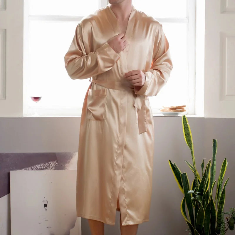 Summer New Men's Ice Silk Bathrobe Robe Men's Pop-Up Section of the Long Section of Cardigan Robe Pajamas Pajamas Home Clothing