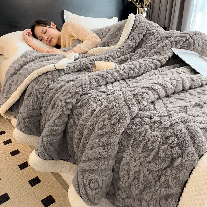 Furry Plush Warm Winter Blanket A Grade Carved Velvet Coral Fleece Flannel Soft Thick Bedspread for Bed Sofa Single Double Size