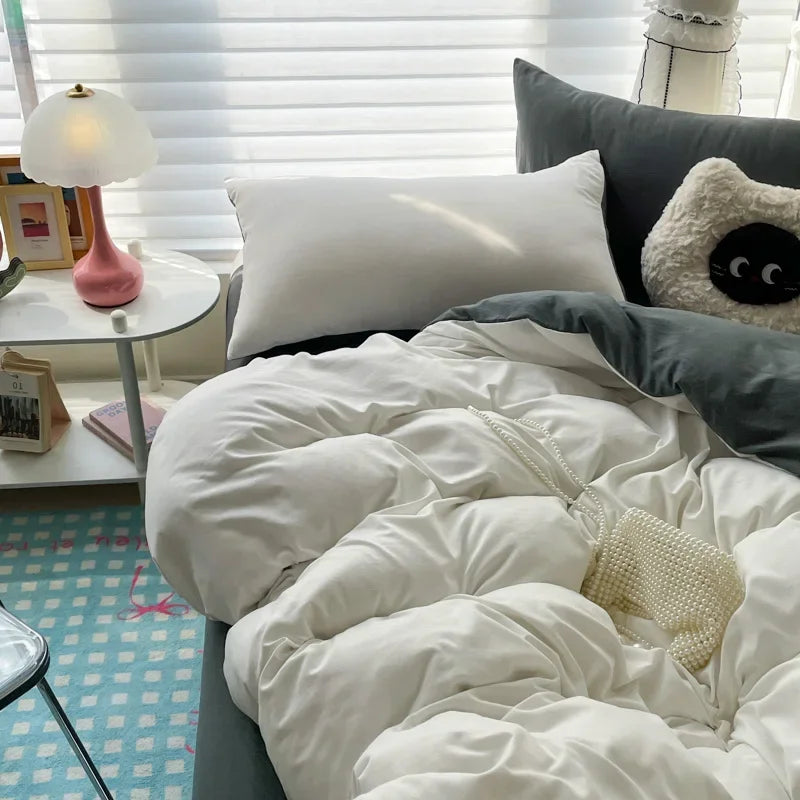 Cotton Bed Linen Solid Bedding Set with Sheet Duvet Cover Pillowcases Single Couple Bedsheet King Queen Double Twin Size