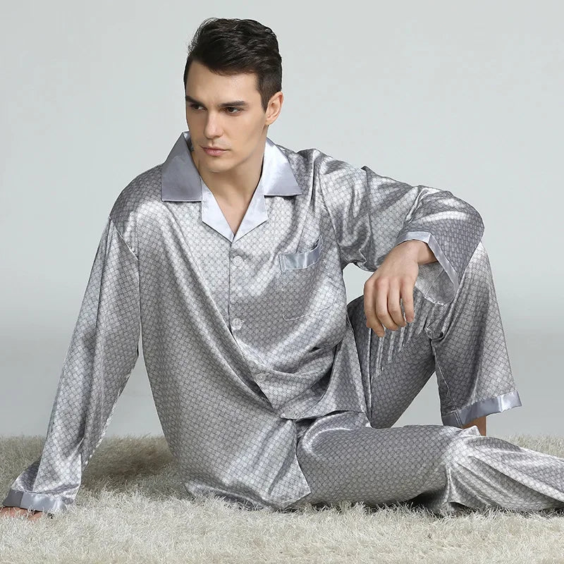 Men's Pyjamas Spring Soft Cozy Long Sleeve Sleepwear Set Thin Ice Silk Satin Nightwear Suit Male Top Pants Home Clothing Pajamas