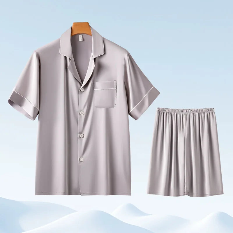 Chic CLassic Ice Silk Pajamas Suit Men Summer New Satin Long-sleeved Trousers Suit Casual Loungewear Male Homewear Gents