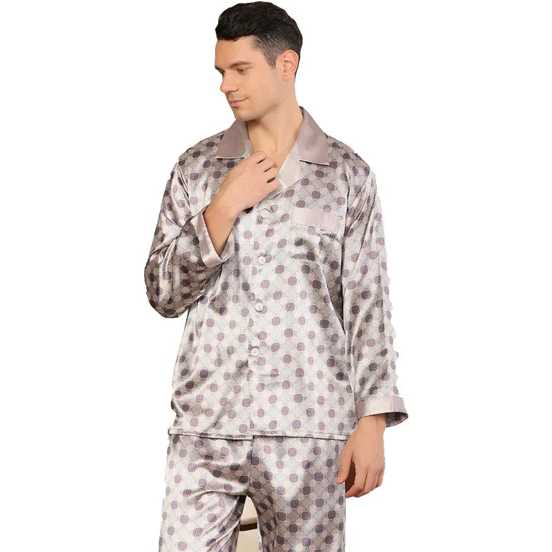 Men's Pyjamas Spring Soft Cozy Long Sleeve Sleepwear Set Thin Ice Silk Satin Nightwear Suit Male Top Pants Home Clothing Pajamas