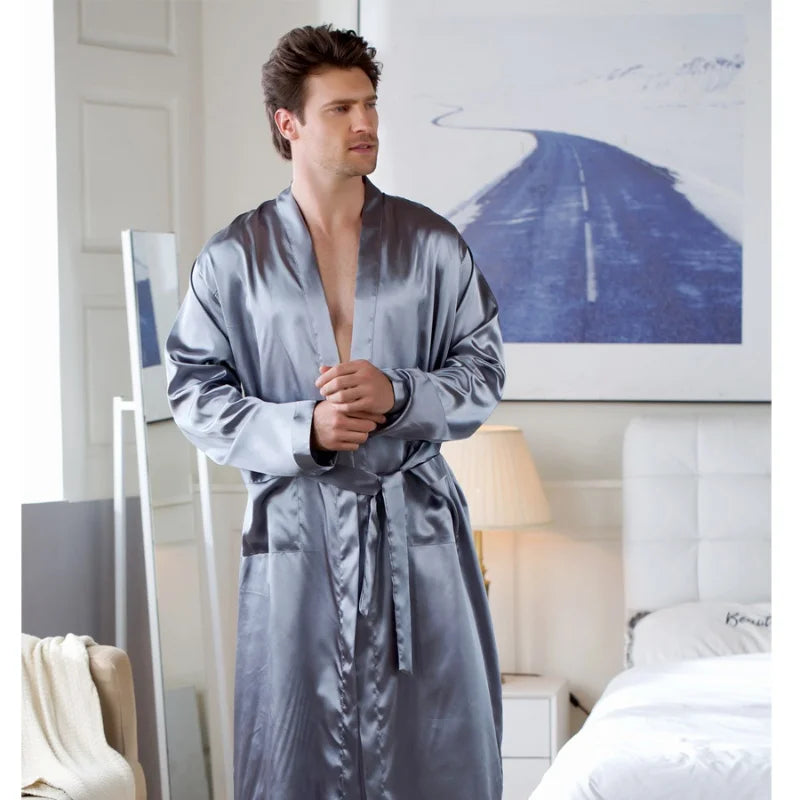 Summer New Men's Ice Silk Bathrobe Robe Men's Pop-Up Section of the Long Section of Cardigan Robe Pajamas Pajamas Home Clothing