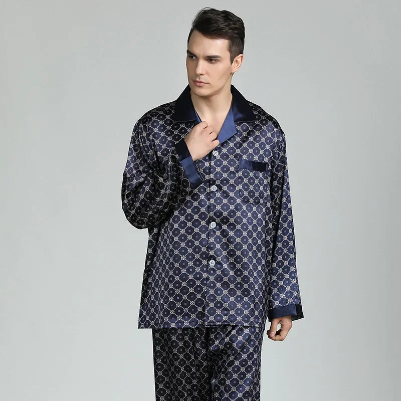 Men's Pyjamas Spring Soft Cozy Long Sleeve Sleepwear Set Thin Ice Silk Satin Nightwear Suit Male Top Pants Home Clothing Pajamas