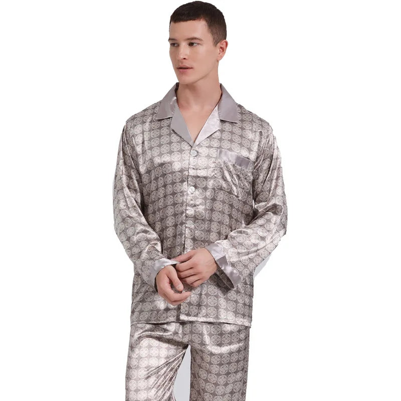 Men's Pyjamas Spring Soft Cozy Long Sleeve Sleepwear Set Thin Ice Silk Satin Nightwear Suit Male Top Pants Home Clothing Pajamas