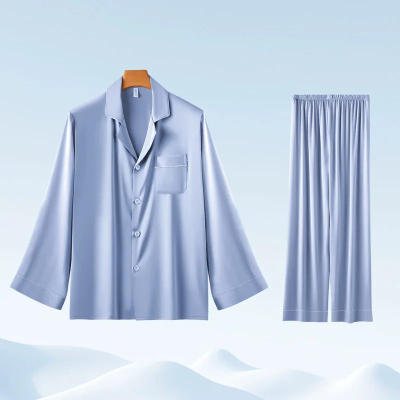 Chic CLassic Ice Silk Pajamas Suit Men Summer New Satin Long-sleeved Trousers Suit Casual Loungewear Male Homewear Gents