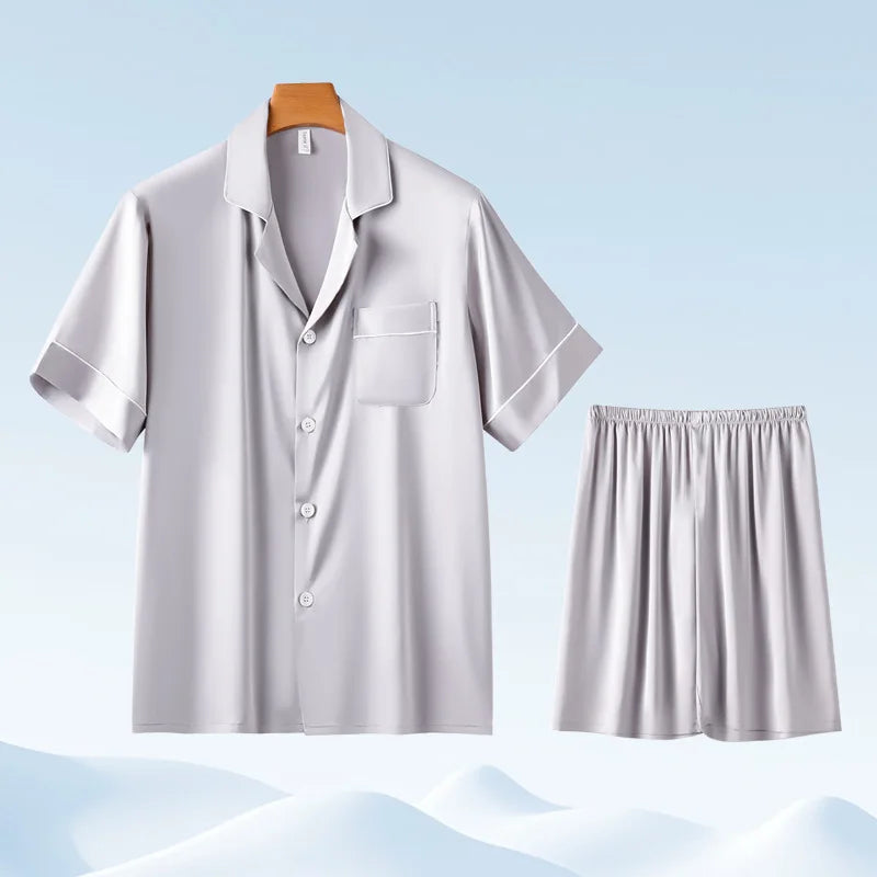 Chic CLassic Ice Silk Pajamas Suit Men Summer New Satin Long-sleeved Trousers Suit Casual Loungewear Male Homewear Gents