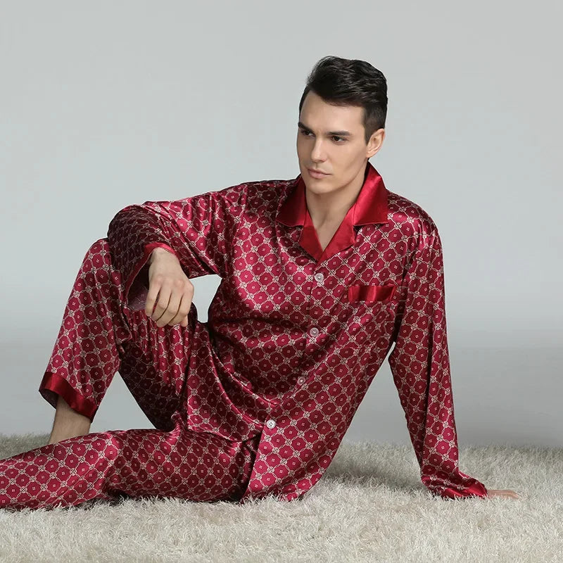 Men's Pyjamas Spring Soft Cozy Long Sleeve Sleepwear Set Thin Ice Silk Satin Nightwear Suit Male Top Pants Home Clothing Pajamas