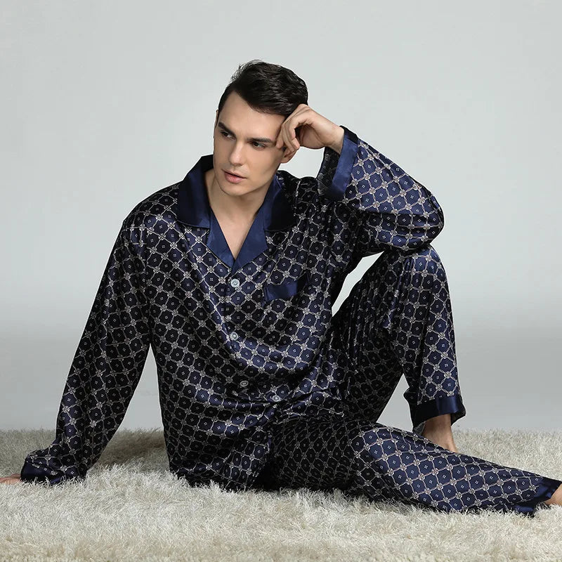 Men's Pyjamas Spring Soft Cozy Long Sleeve Sleepwear Set Thin Ice Silk Satin Nightwear Suit Male Top Pants Home Clothing Pajamas