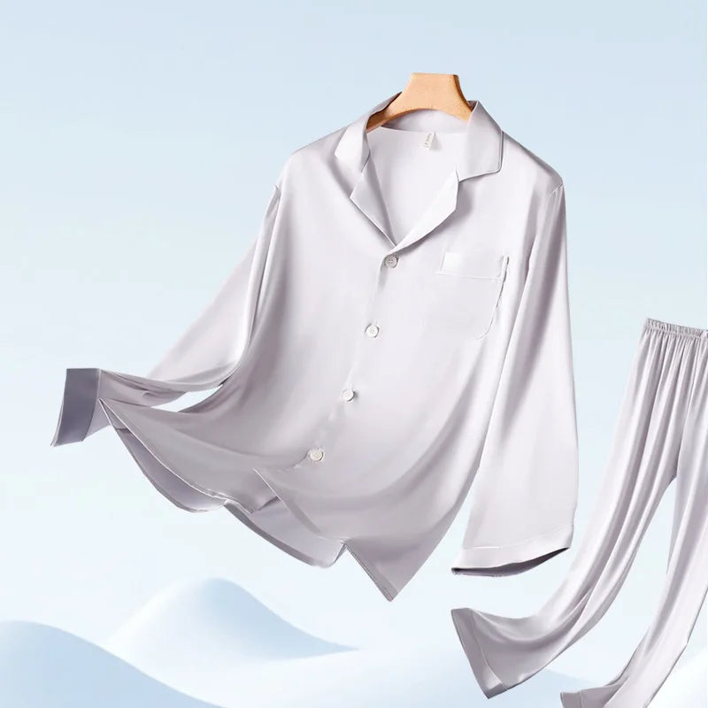 Chic CLassic Ice Silk Pajamas Suit Men Summer New Satin Long-sleeved Trousers Suit Casual Loungewear Male Homewear Gents