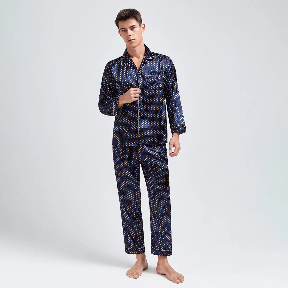Men's Pyjamas Spring Soft Cozy Long Sleeve Sleepwear Set Thin Ice Silk Satin Nightwear Suit Male Top Pants Home Clothing Pajamas