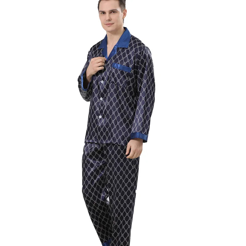 Men's Pyjamas Spring Soft Cozy Long Sleeve Sleepwear Set Thin Ice Silk Satin Nightwear Suit Male Top Pants Home Clothing Pajamas