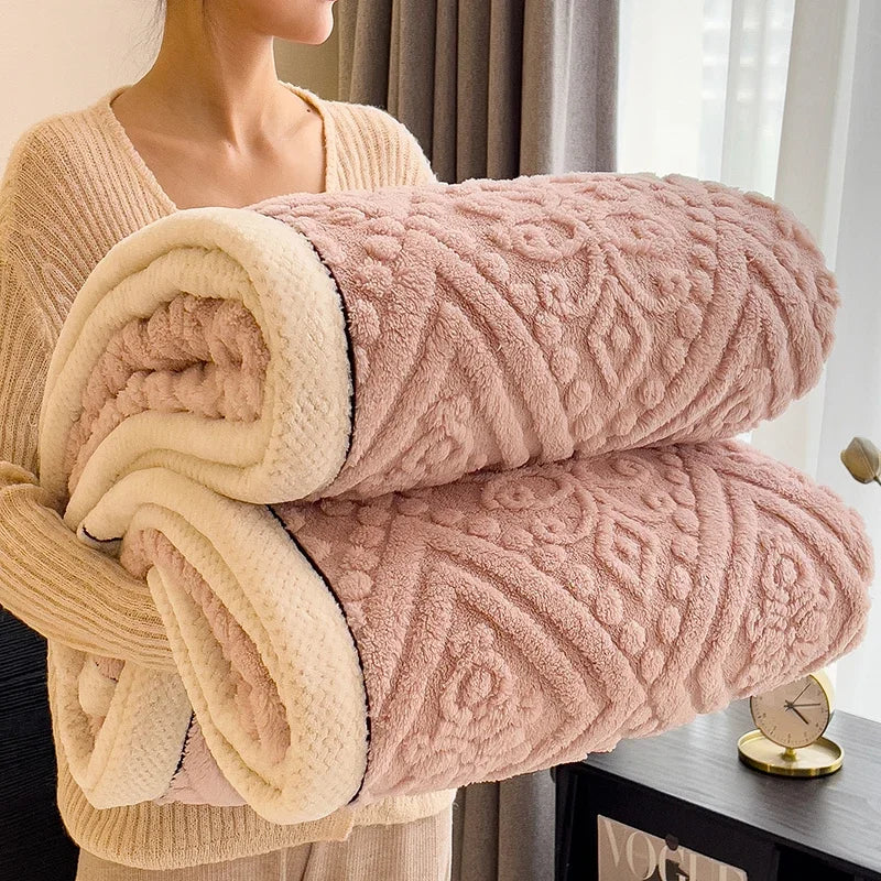 Furry Plush Warm Winter Blanket A Grade Carved Velvet Coral Fleece Flannel Soft Thick Bedspread for Bed Sofa Single Double Size