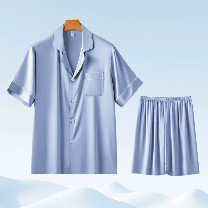 Chic CLassic Ice Silk Pajamas Suit Men Summer New Satin Long-sleeved Trousers Suit Casual Loungewear Male Homewear Gents