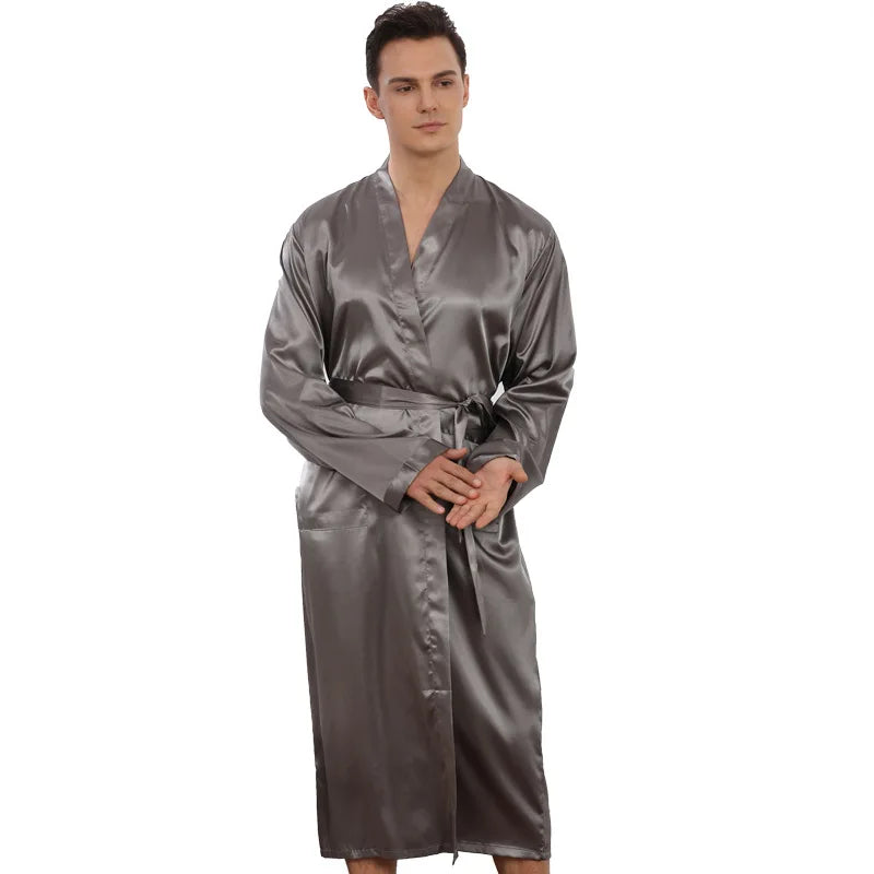 Summer New Men's Ice Silk Bathrobe Robe Men's Pop-Up Section of the Long Section of Cardigan Robe Pajamas Pajamas Home Clothing