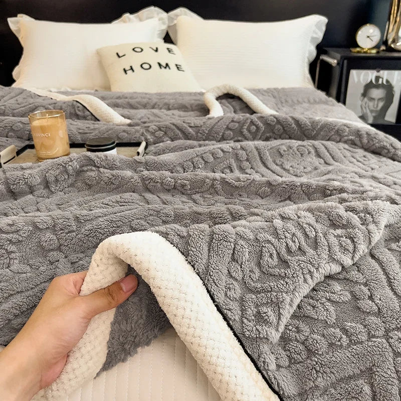 Furry Plush Warm Winter Blanket A Grade Carved Velvet Coral Fleece Flannel Soft Thick Bedspread for Bed Sofa Single Double Size