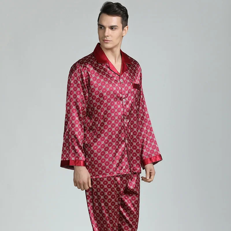 Men's Pyjamas Spring Soft Cozy Long Sleeve Sleepwear Set Thin Ice Silk Satin Nightwear Suit Male Top Pants Home Clothing Pajamas